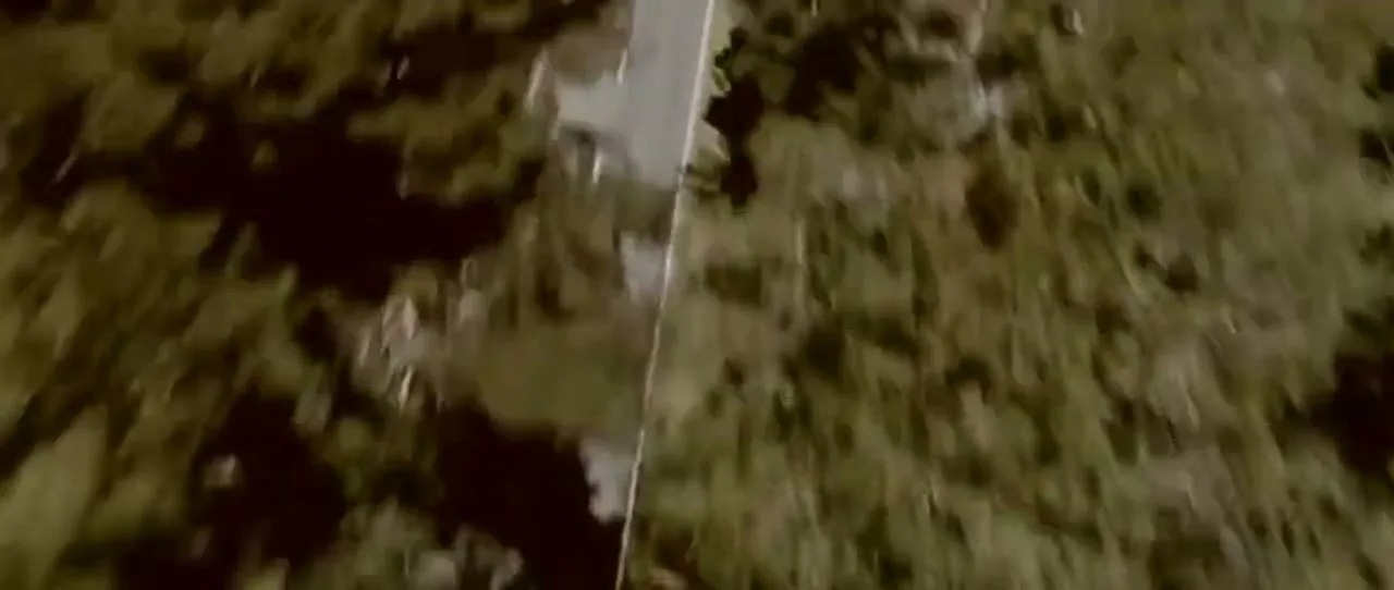 An aerial view shows a white motorcycle speeding down a winding road through a dense forest, with trees blurring past.