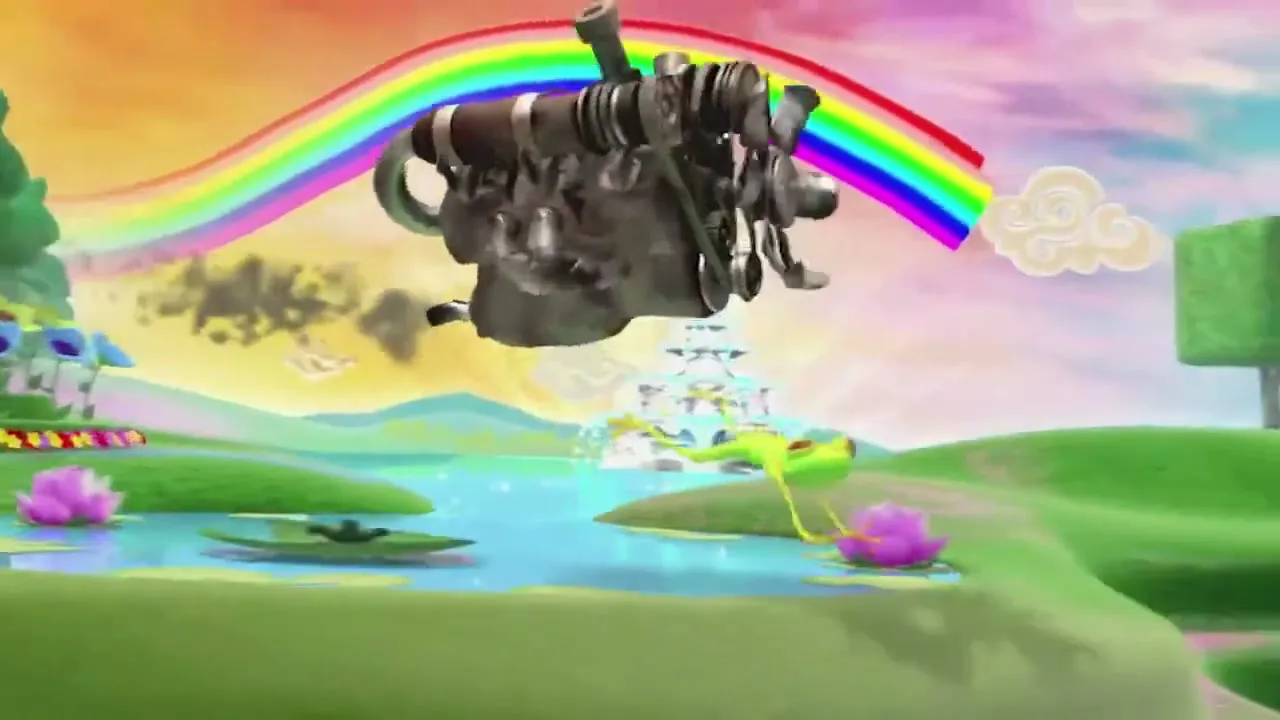 A whimsical, animated landscape with rolling green hills, a winding blue river, and various cartoon animals and plants. The word "HATE" is spelled out in topiary letters, and a rainbow arcs across the sky.