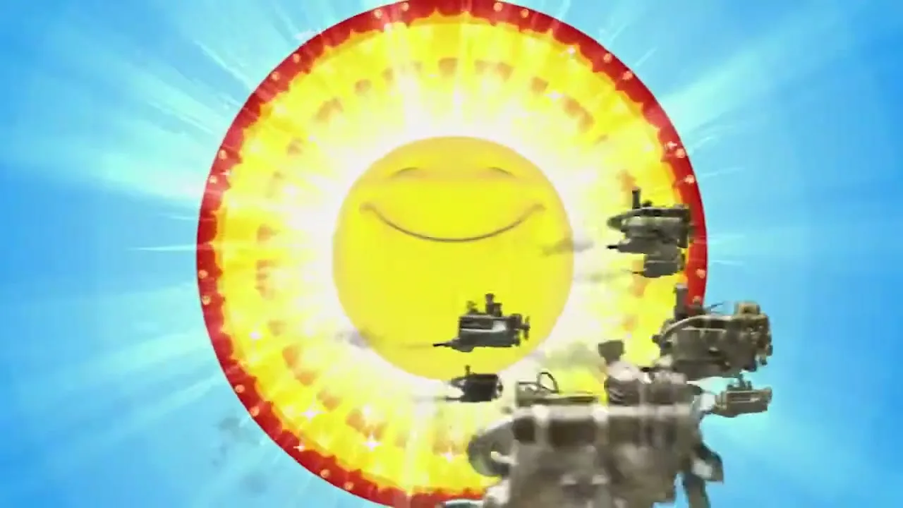 The word "HATE" explodes into a smiling sun with a red and yellow halo, as small, dark, mechanical objects fly past against a blue sky.