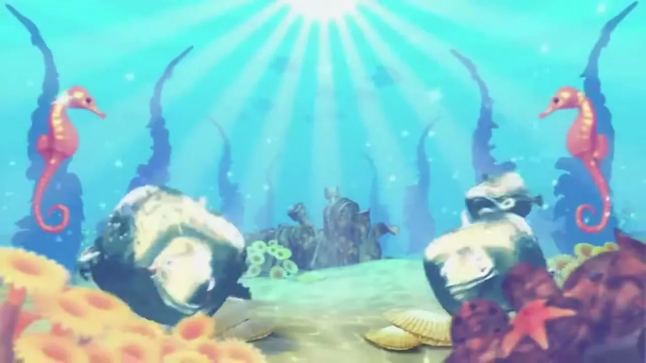 A whimsical animated scene transitions from flying car parts over a serene landscape to an underwater world with fish, then to a bubble containing car parts, and finally to two hummingbirds with text.