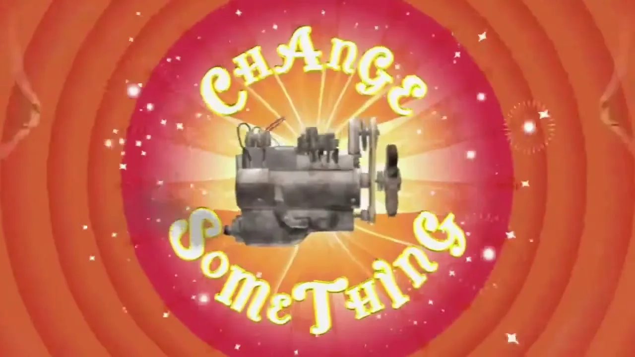 A cartoon engine is shown in the center of a red and orange bullseye target, with the words "Change Something" appearing around it, then two goats appear on either side of the engine.