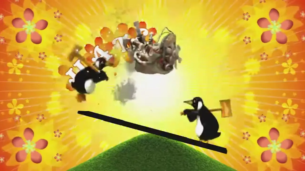 Two animated penguins with hammers hit a floating engine, causing letters to burst out, against a bright yellow and orange background with flowers.