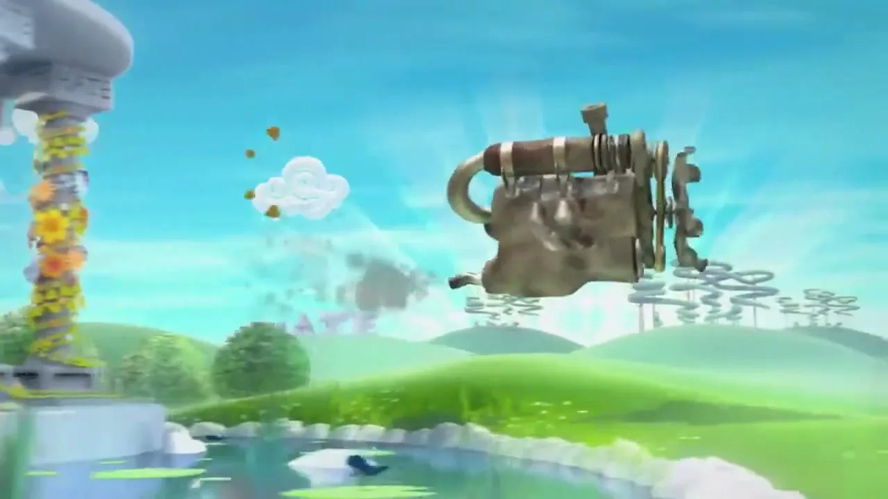 A cartoon engine flies through a whimsical landscape, transforming into a colorful, vibrant scene with two white rabbits wearing headphones, in a bright, animated world.
