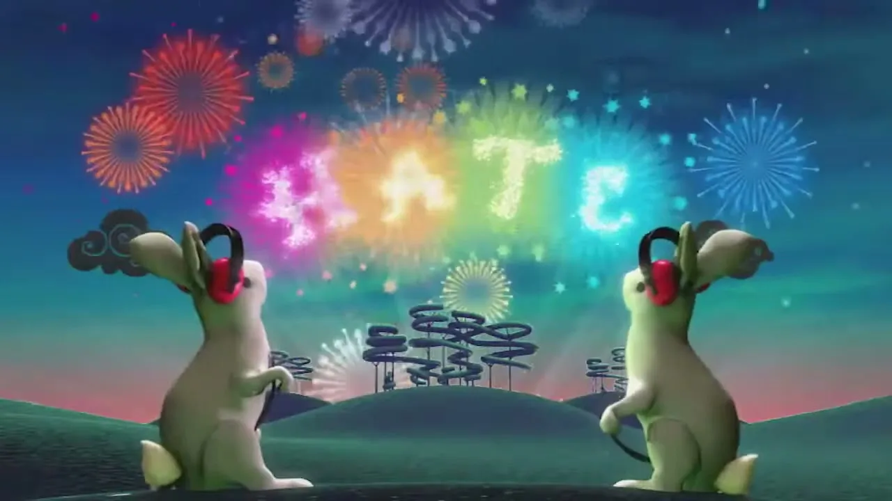 Two animated rabbits with headphones watch colorful fireworks spell out "HATE" in a whimsical, cartoon landscape.