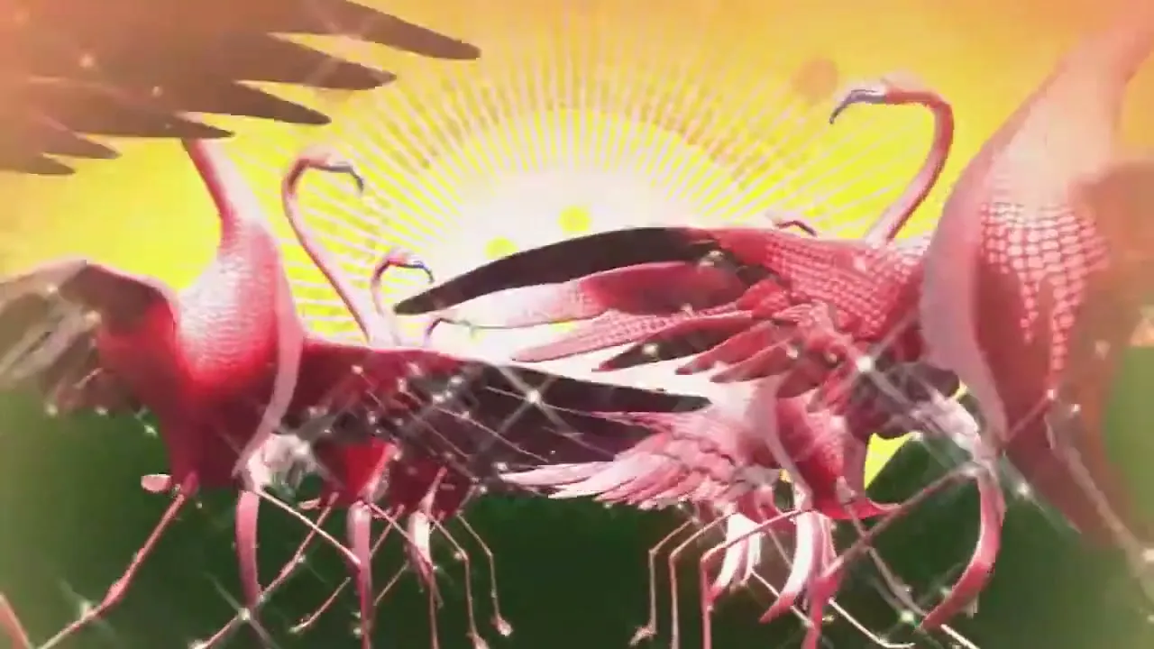 A flock of pink flamingos with sparkling wings dance and flap against a bright yellow and orange sunburst background.