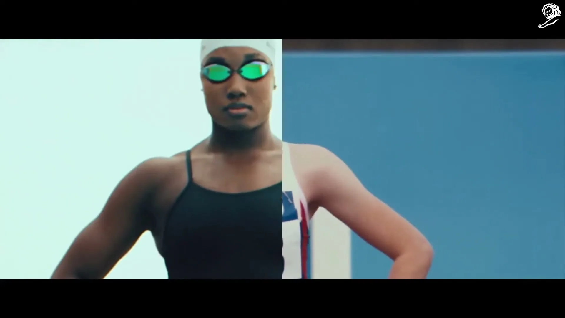 A split screen shows two female athletes, one a swimmer and one a runner, standing side-by-side in their respective sports environments.