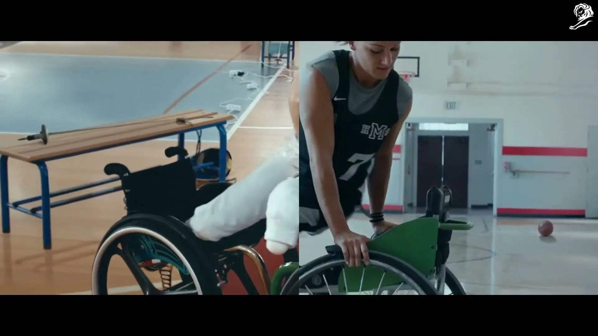 A split screen shows two female athletes in wheelchairs in separate gyms. On the left, a fencer with a prosthetic leg and arm prepares. On the right, a basketball player adjusts her chair.