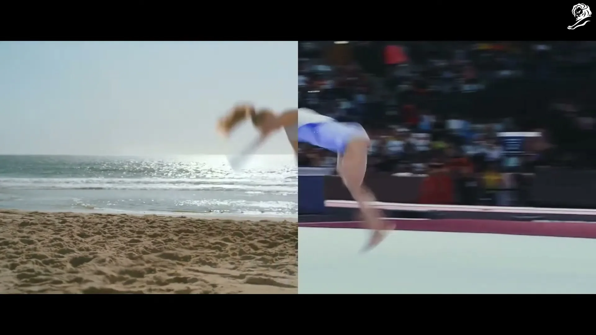 A split screen shows a young girl with a prosthetic leg running on a beach, and a female gymnast performing a flip in an arena.