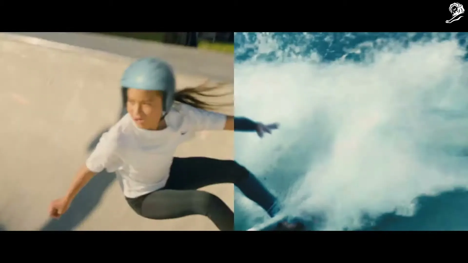 A split screen shows a young girl skateboarding in a skatepark on the left, and a surfer riding a wave on the right, both in motion.