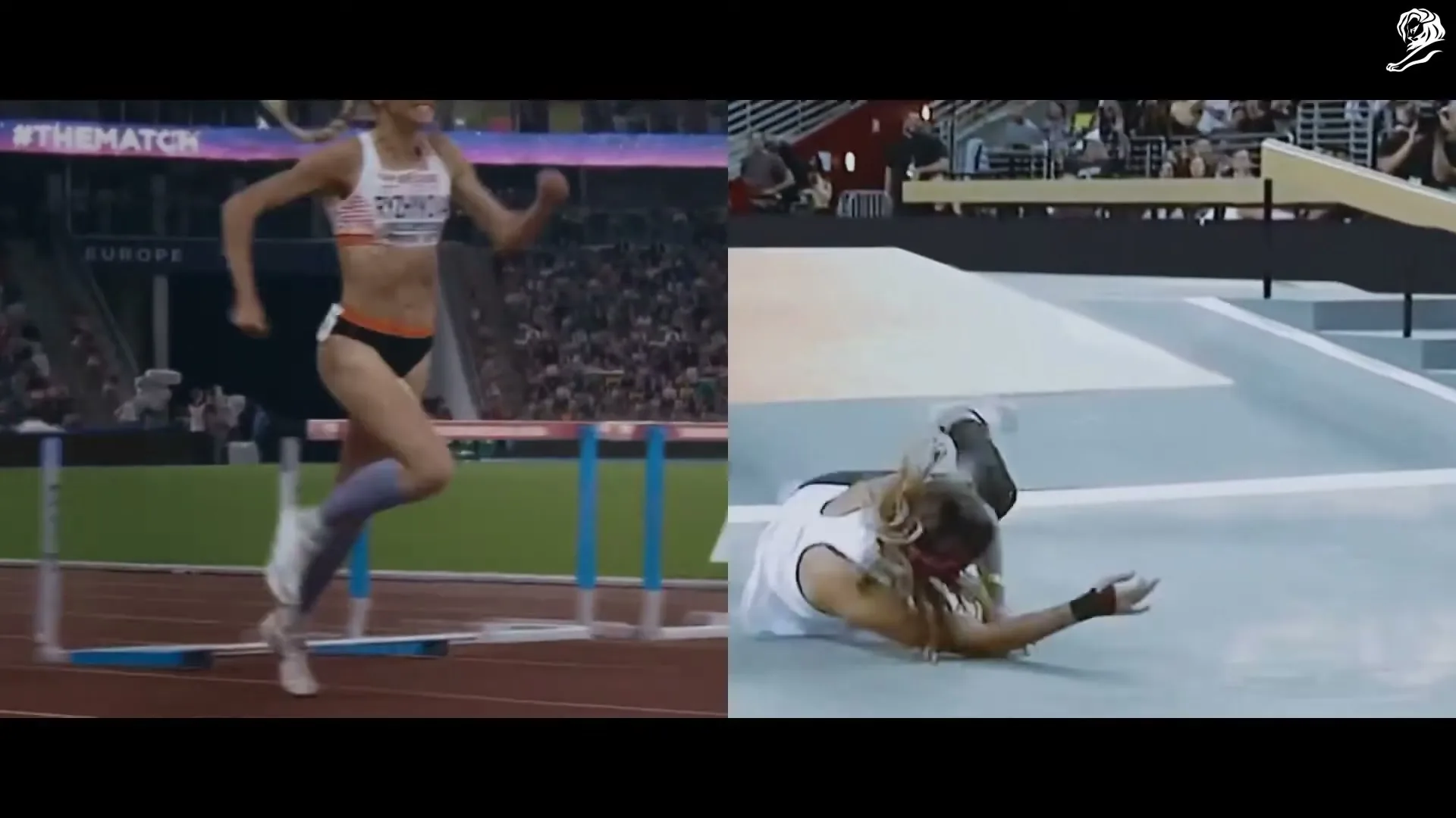 A split screen shows two female athletes: one hurdles on a track, the other falls on a hard court, both in stadiums.