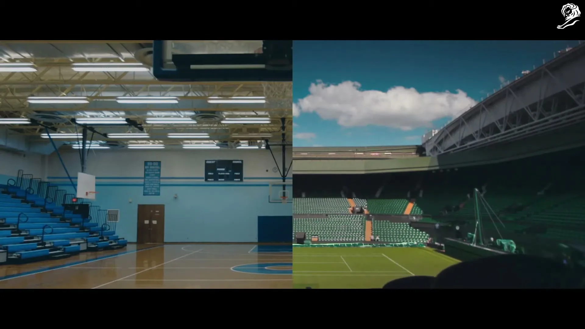 A split screen shows an empty high school gymnasium on the left and an empty tennis stadium on the right, both devoid of people.