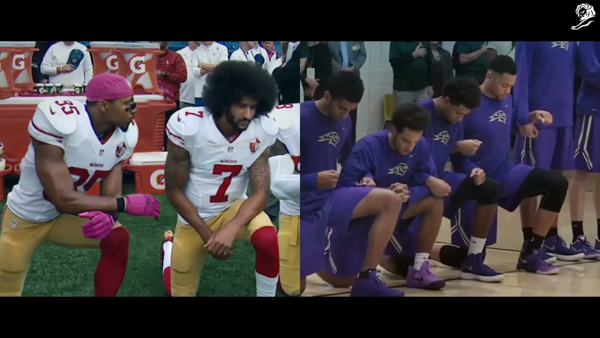 A split screen shows two groups of male athletes kneeling: football players on a field and basketball players on a court, all with serious expressions.