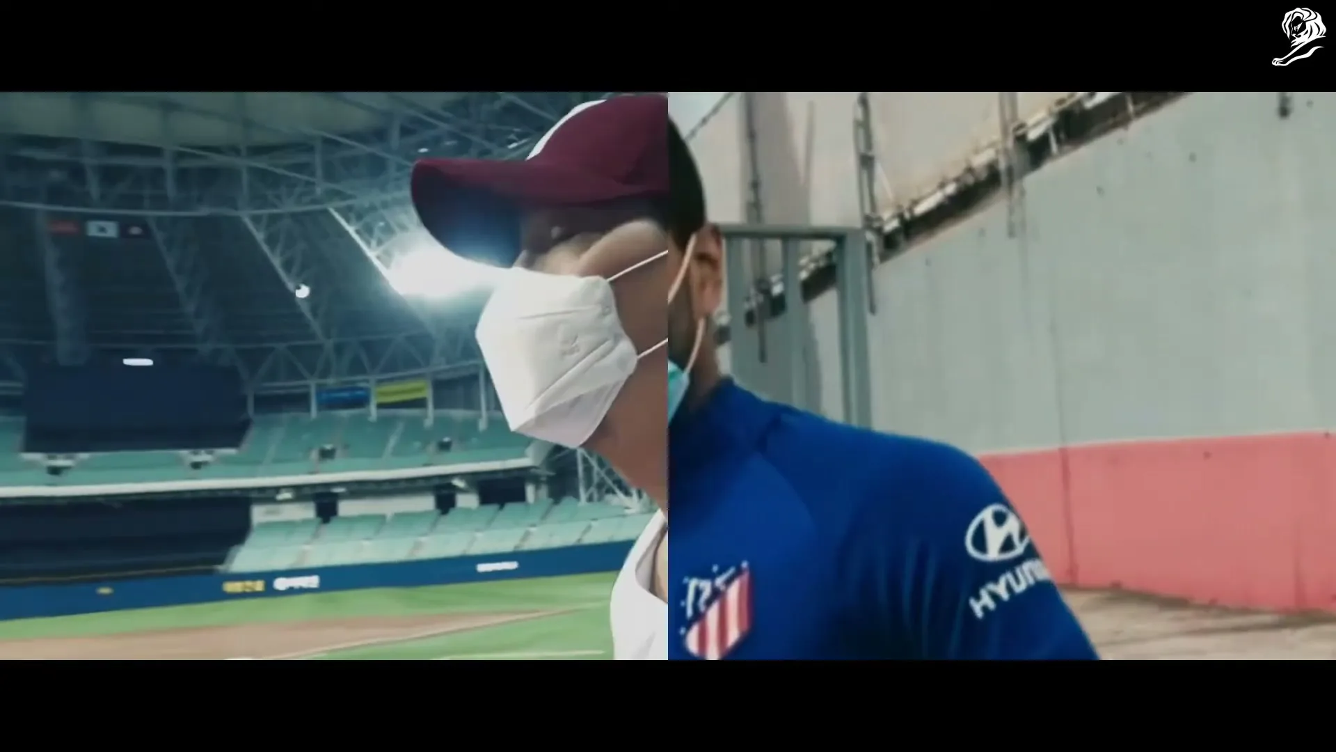 A split screen shows two male athletes, one in a baseball stadium and the other outdoors, both wearing face masks and sports attire.