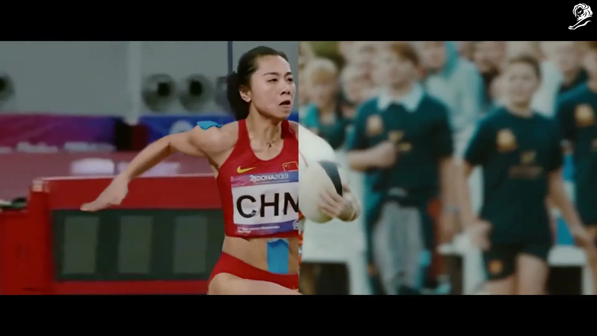 A split screen shows a female Chinese athlete in a red uniform running on a track, and a male rugby player running with a ball on a field.