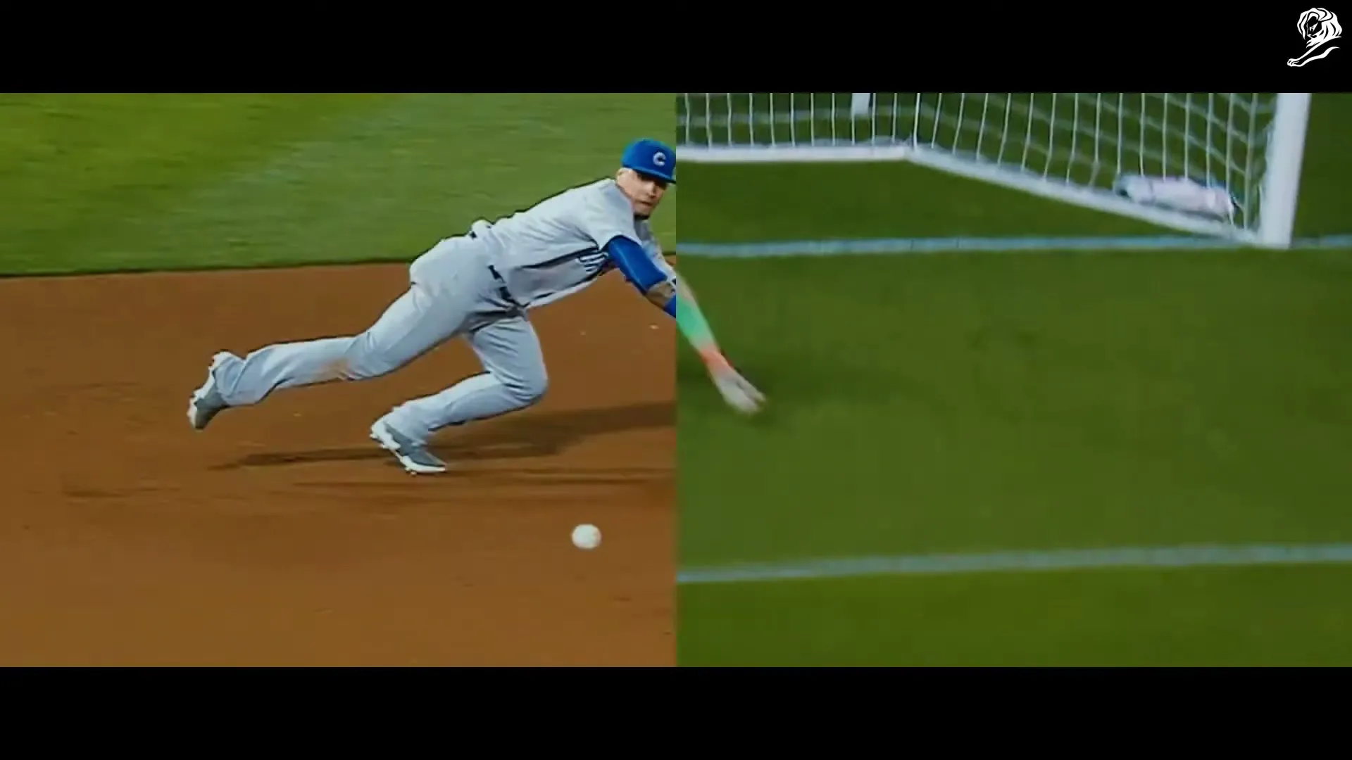A split screen shows a baseball player diving for a ball on a dirt field and a soccer goalie diving on a green grass field.