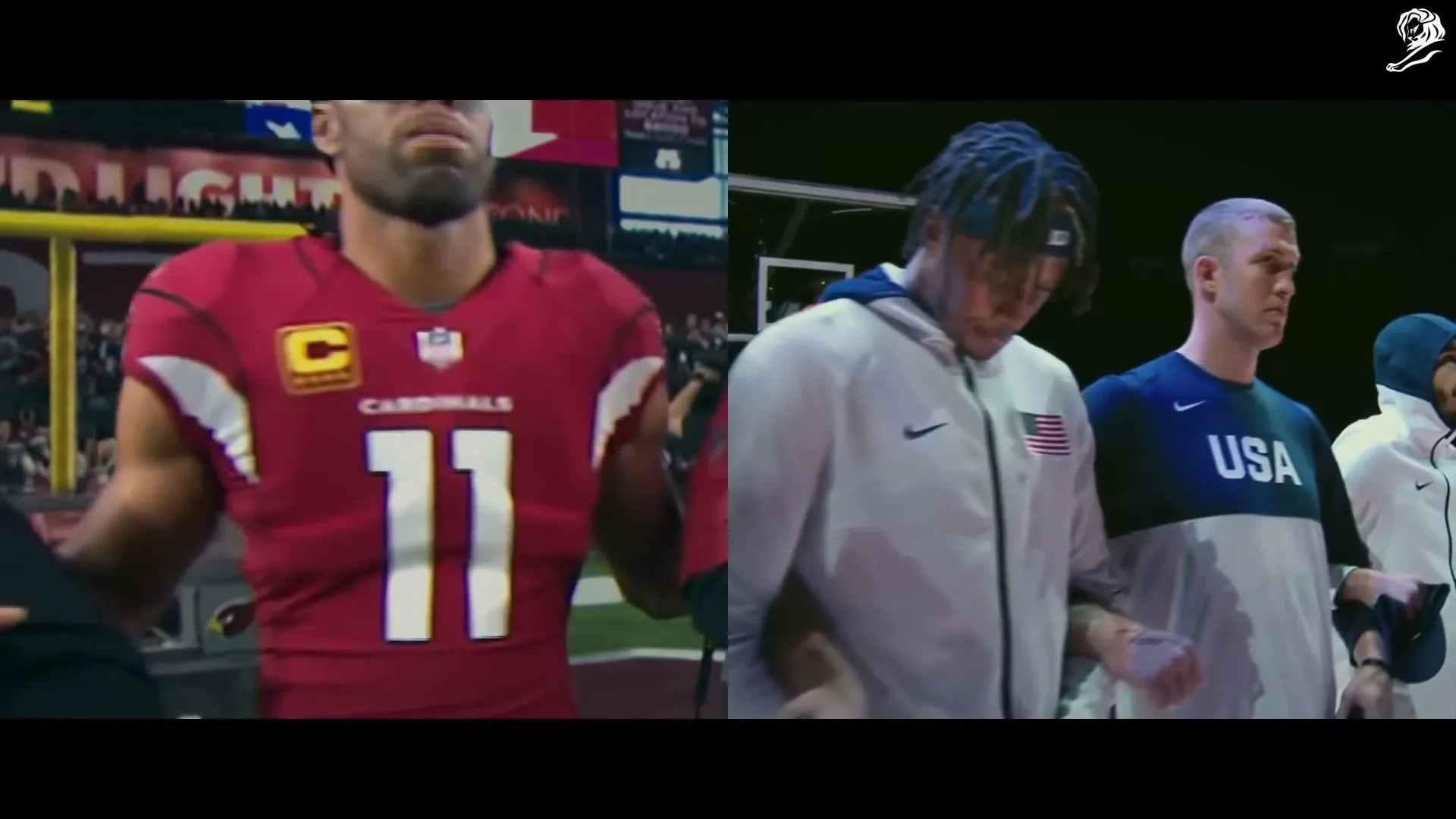 A split screen shows two groups of male athletes walking, one in a football stadium and the other in an indoor arena.