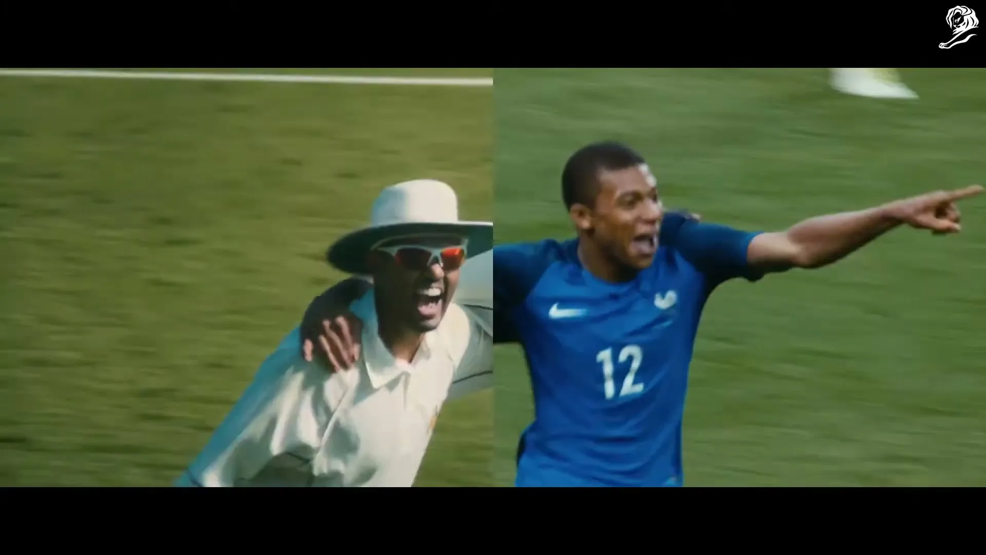 A split screen shows a male cricket player in a white hat and sunglasses with his arm around a male soccer player in a blue jersey, both cheering on a green field.
