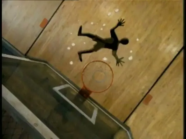 An animated silhouette of a person lies on a basketball court, surrounded by a dissipating cloud of smoke, viewed from directly above.