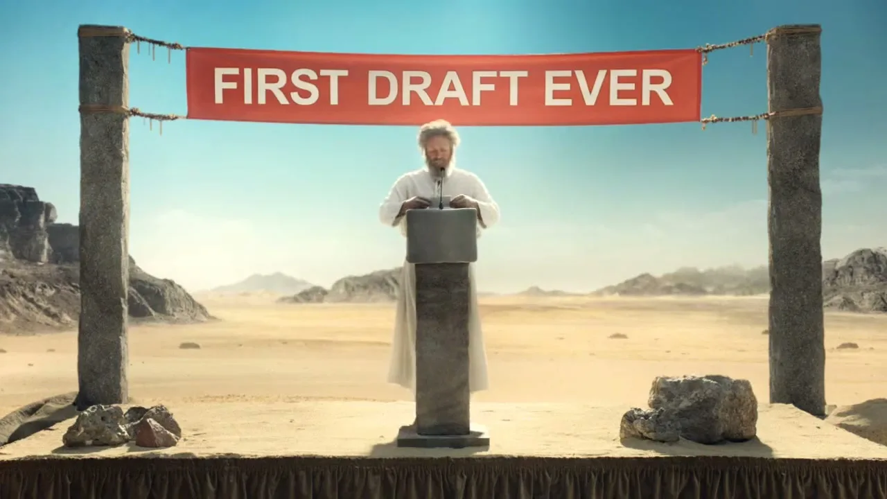 A man with a beard and white robes stands at a podium in a vast desert landscape, with a red banner above him that reads "FIRST DRAFT EVER."