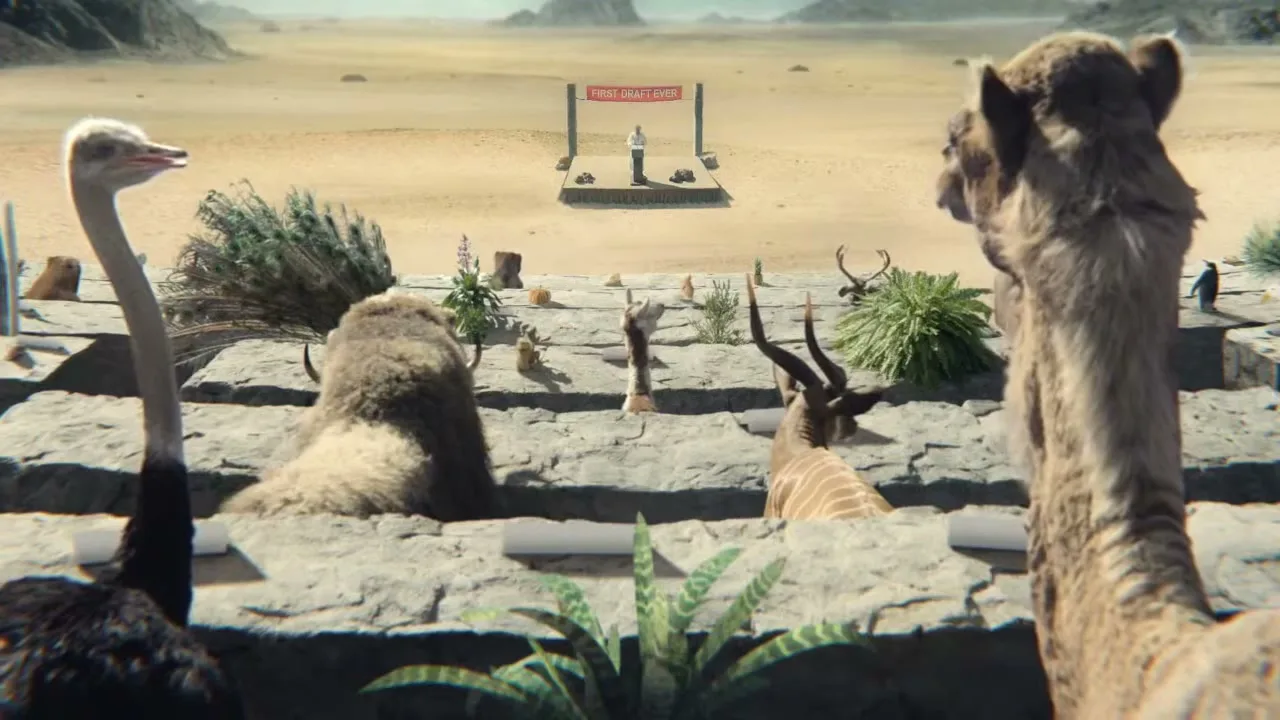 A man stands on a stage in a desert, addressing a crowd of animals, with an ostrich and a camel in the foreground.