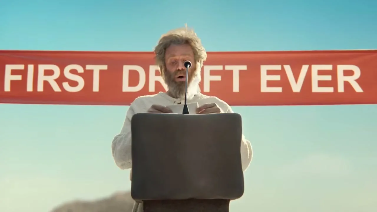A disheveled man with a beard and white robes stands at a podium, looking up and speaking into a microphone, with a red banner behind him that reads "FIRST DRAFT EVER" under a clear blue sky.