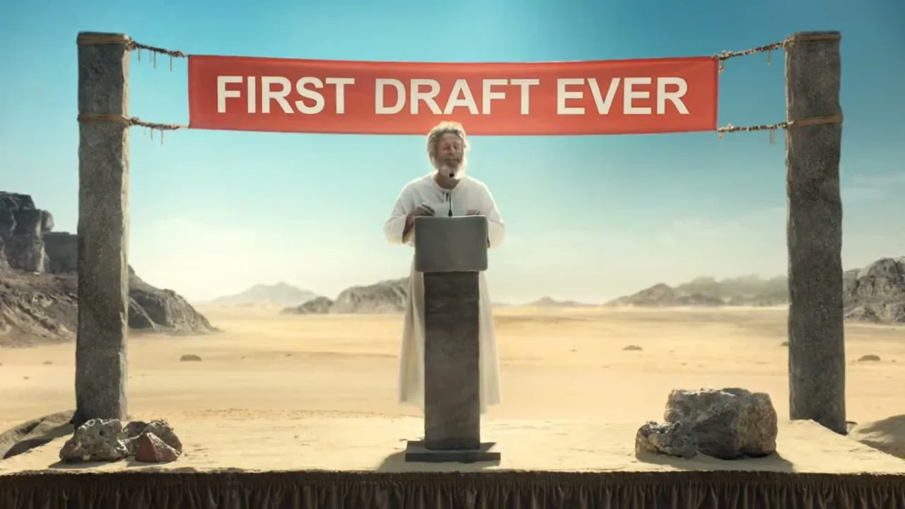 A man with a long beard and white robe stands at a podium in a desert landscape, with a red banner above him that reads "FIRST DRAFT EVER."