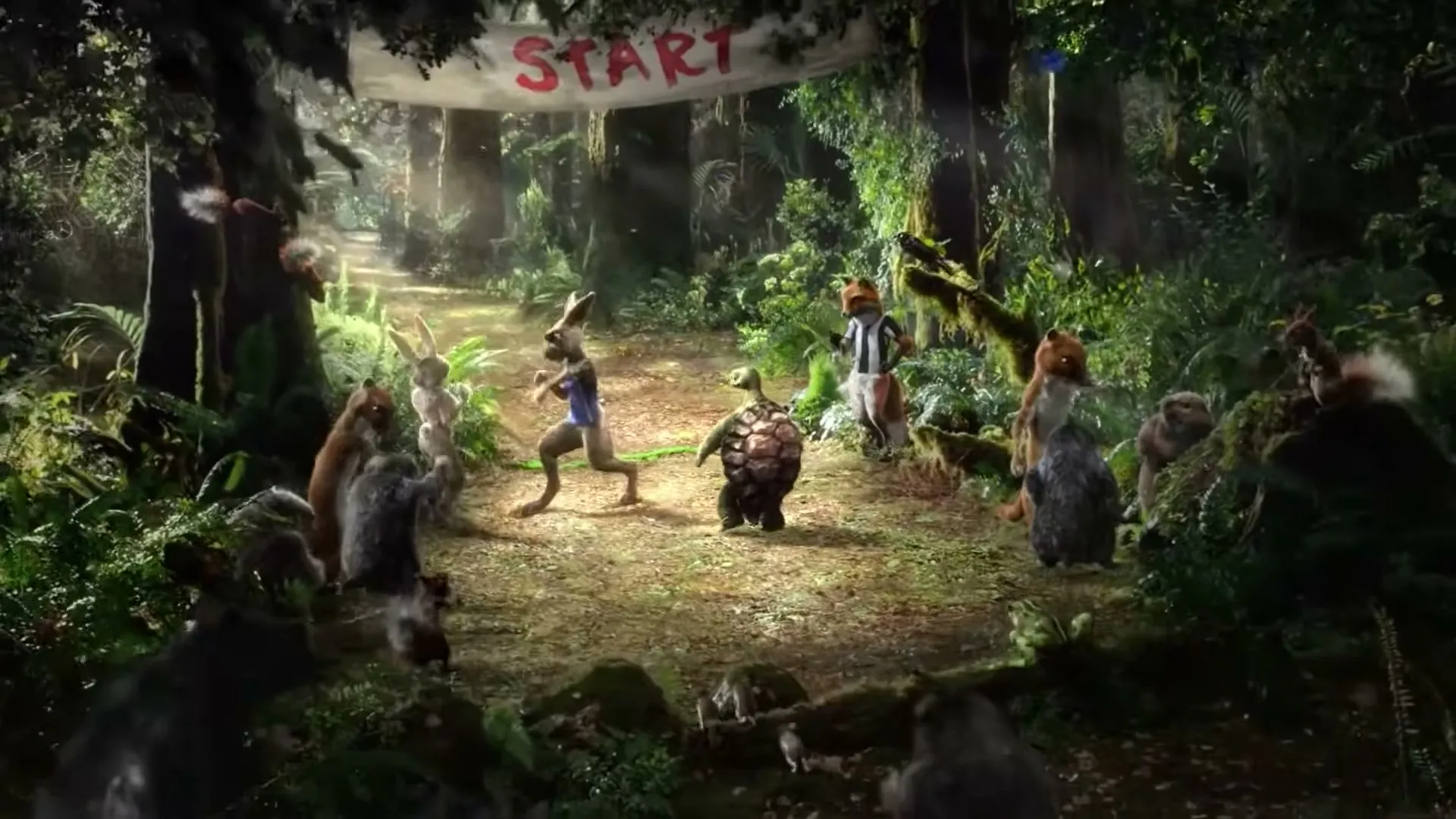 A rabbit and a turtle stand at the start line of a race in a lush forest, surrounded by other animals cheering them on.
