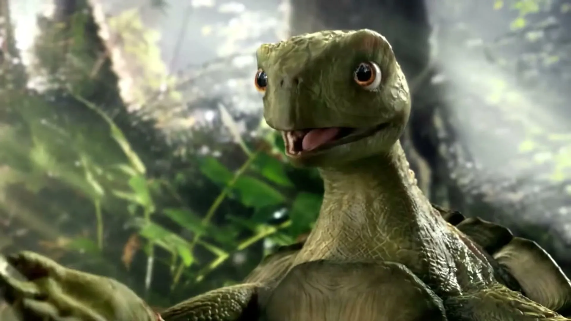 A CGI turtle with green skin and a shell looks directly at the camera, speaking in a lush, sun-dappled jungle environment.