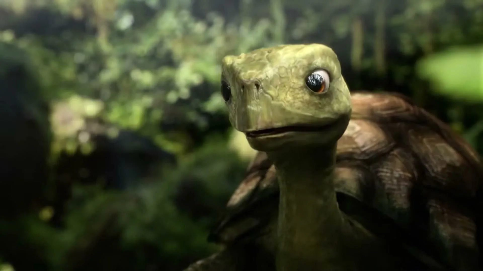 A realistic CGI tortoise with large eyes looks around in a lush green jungle environment, its head slightly tilted.