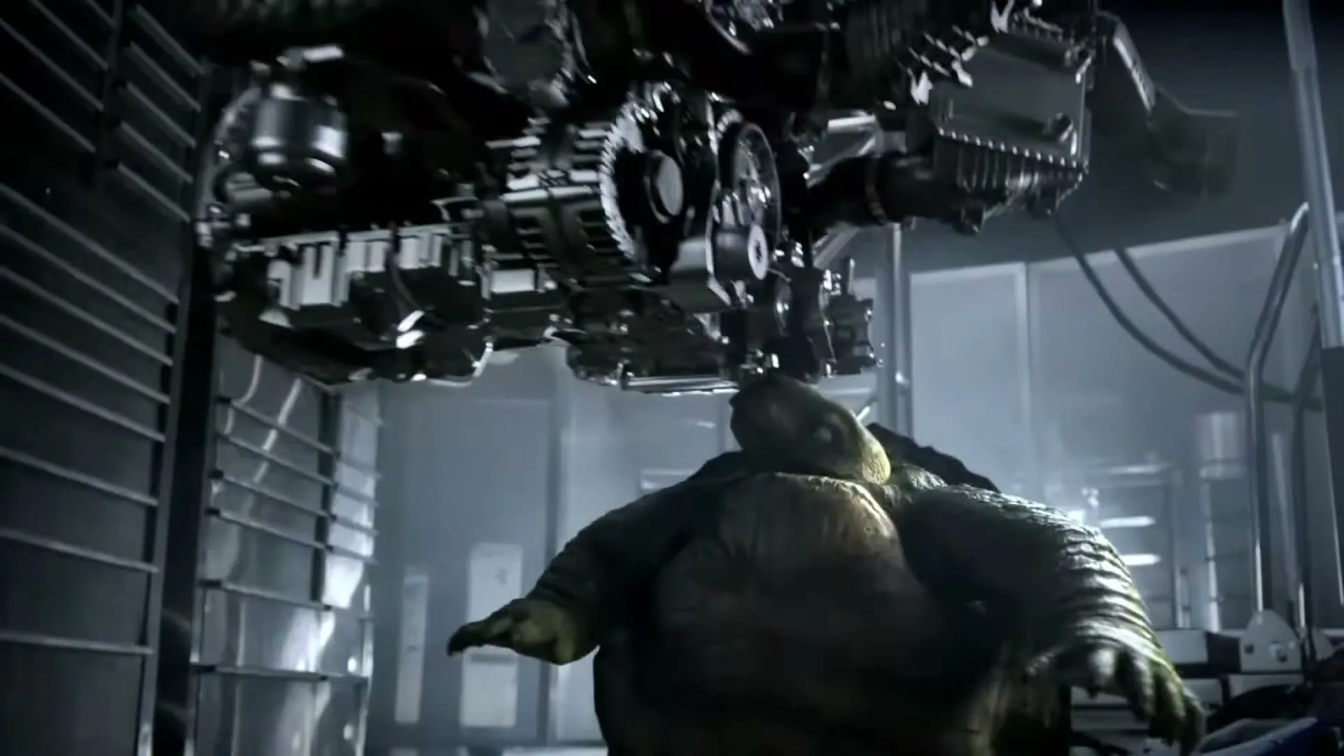 A CGI tortoise, looking up at a large, complex machine, slowly retracts its head into its shell in a futuristic factory.