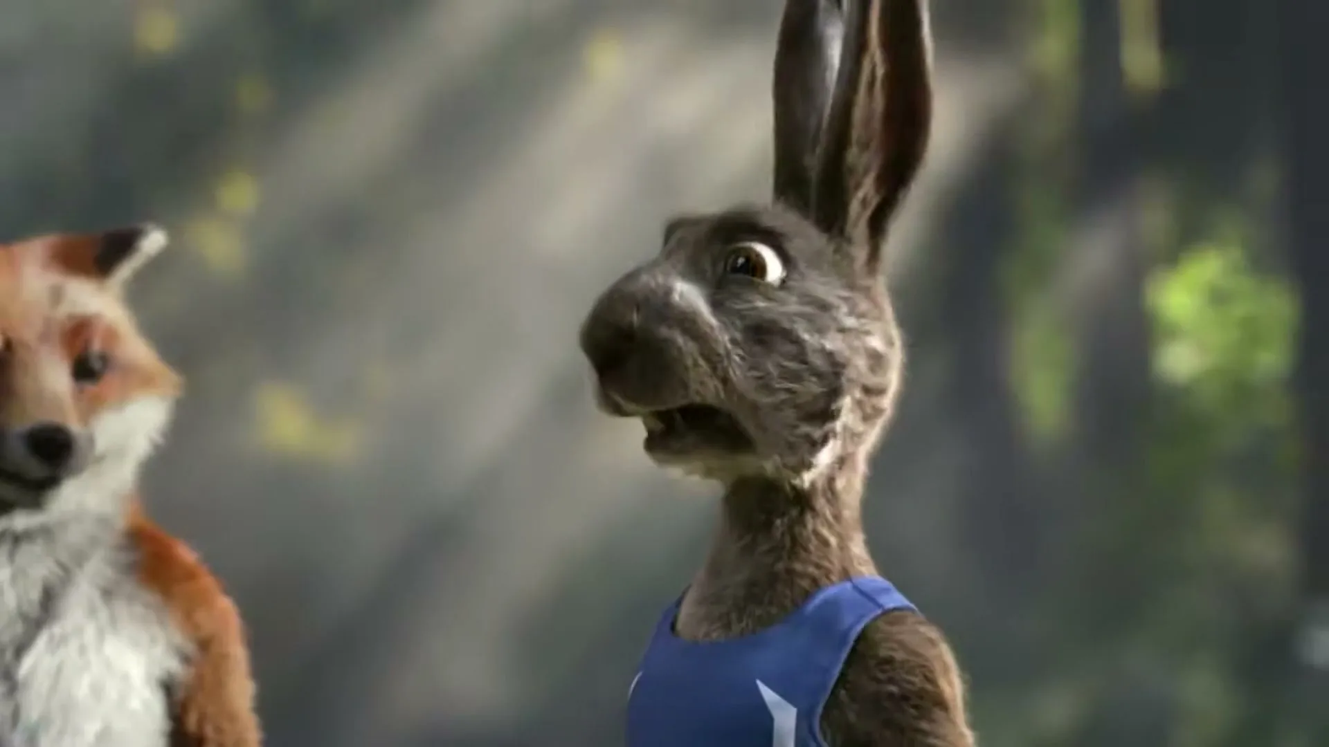 A CGI rabbit in a blue tank top looks surprised, while a fox is partially visible in the background in a sun-dappled forest.