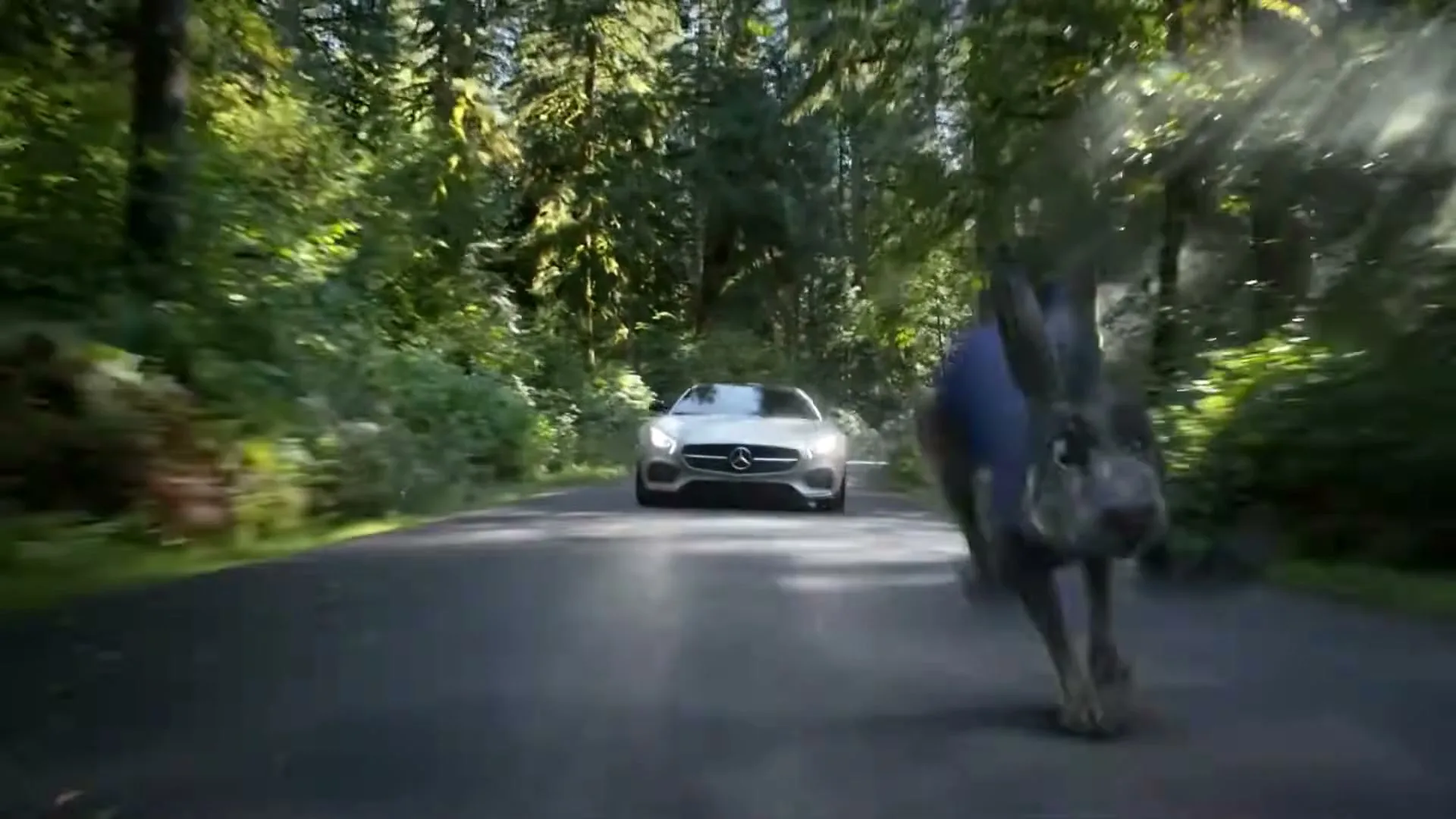 A CGI rabbit wearing a blue vest runs on a forest road, with a silver Mercedes-Benz car driving towards the camera in the background.