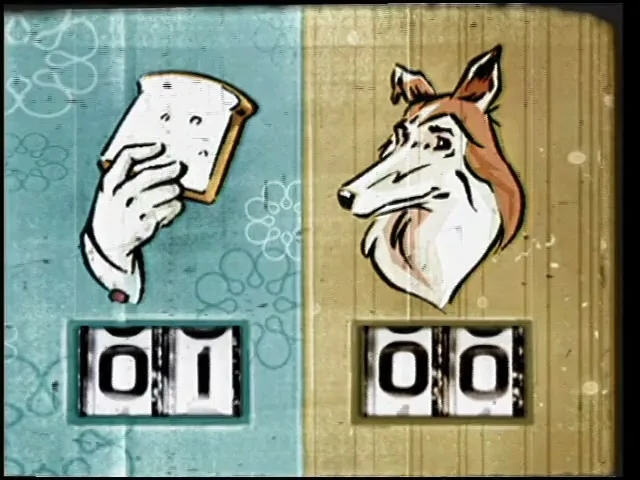 An animated hand holding a slice of bread and an animated dog head are shown with score counters below them, on a split screen with a teal and brown background.