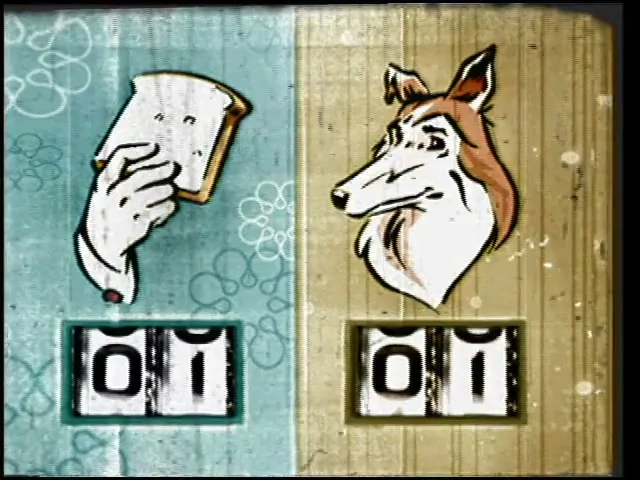 A cartoon hand holding a slice of bread and a cartoon dog head are shown side-by-side with score counters below them, on a split blue and yellow background.