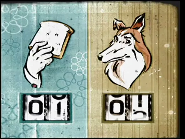 An animated hand holding a slice of bread and an animated dog head are shown with score counters below them, with the dog's score increasing.