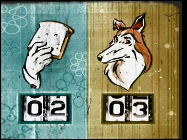 An animated hand holds a slice of bread next to an animated dog head, with counters below them, in a split screen.