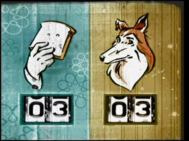 An animated hand holding a slice of bread and an animated dog head are shown side-by-side with matching counters below them, on a split blue and yellow background.