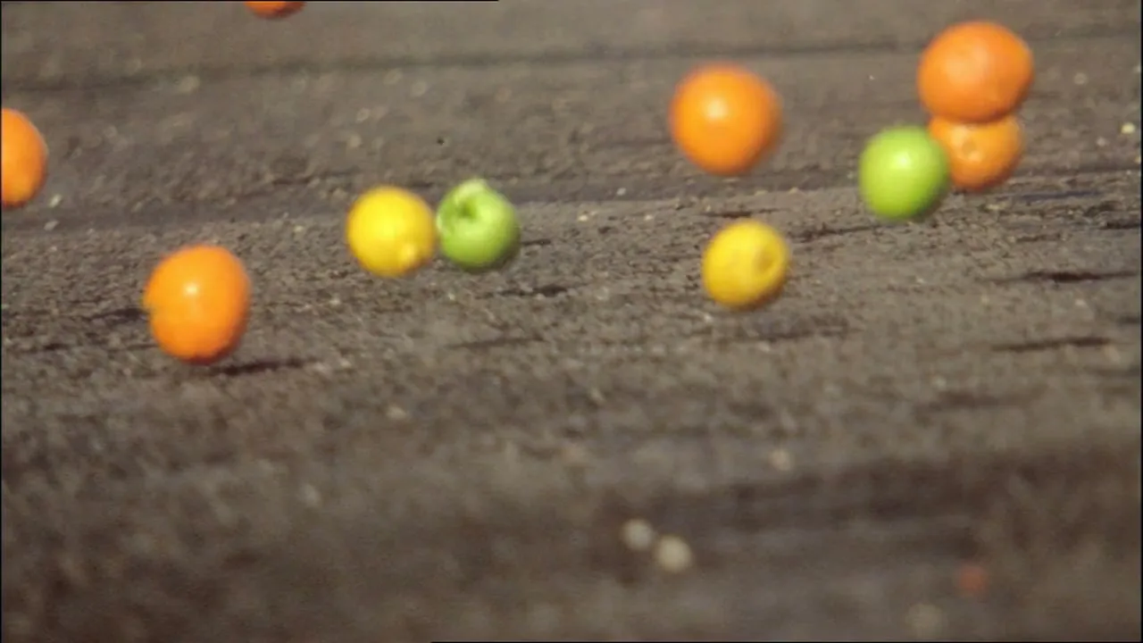 Small, colorful, fruit-shaped candies bounce and roll across a textured, dark surface in a close-up shot.