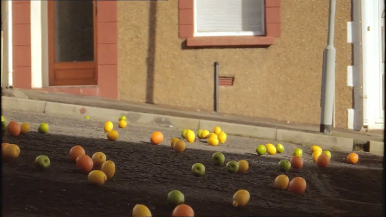 Oranges and green apples roll down a steep, paved street in front of a house with a brown facade and red trim.