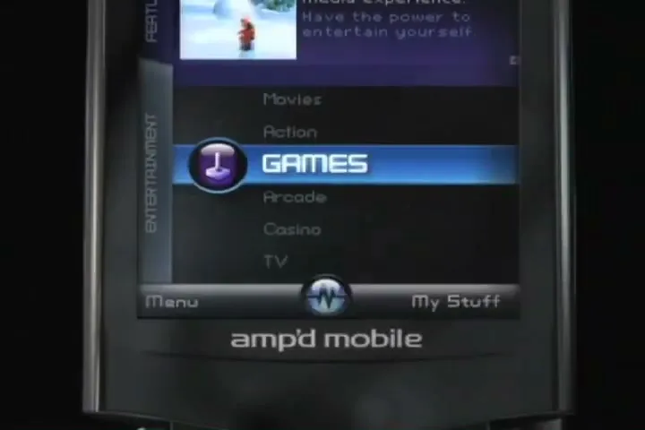 A close-up shot of an Amp'd Mobile phone screen shows the user navigating through the entertainment menu, highlighting "Arcade" and then "Games."