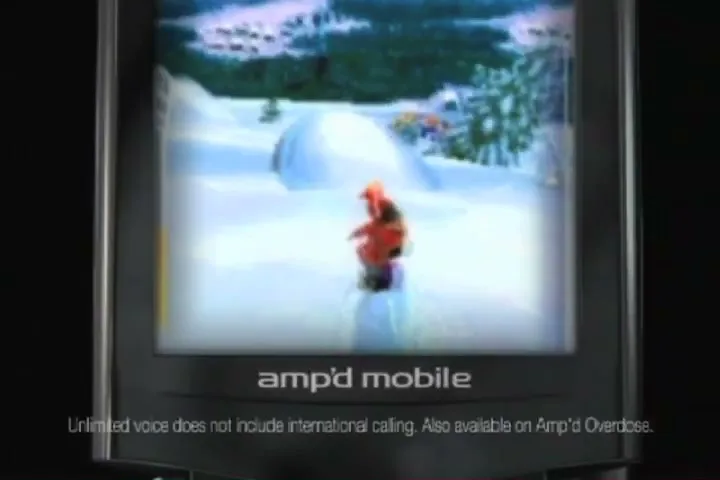A close-up shot of a mobile phone screen shows a stylized character snowboarding down a snowy mountain, with text below the screen.
