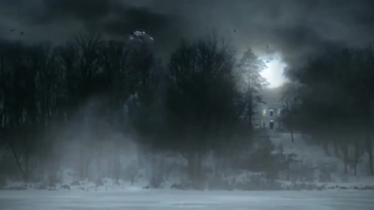 A wide shot of a mysterious, dark winter landscape with a house on a hill, a full moon, and a UFO flying in the sky.