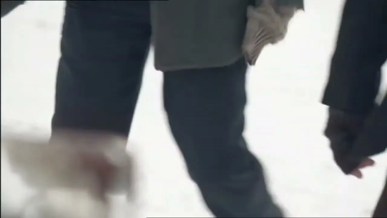 Two people, one in dark pants and a coat, the other in a brown skirt, walk through a snowy landscape.