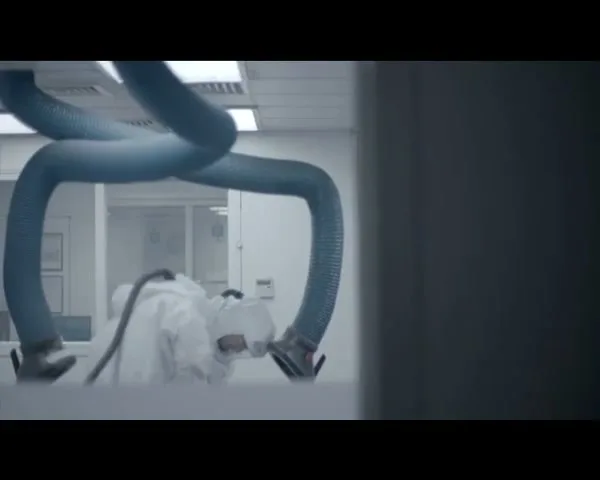 A person in a white hazmat suit works on something under two large blue flexible tubes in a sterile lab environment.