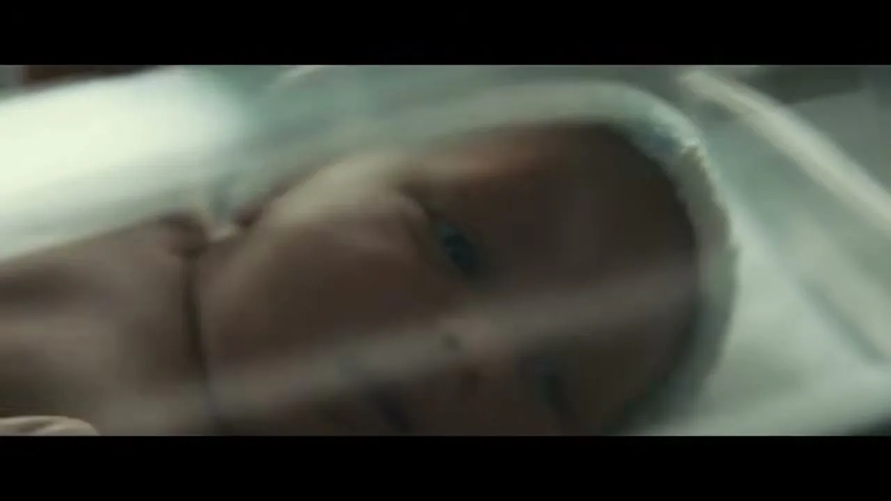 A newborn baby with a white cap lies in a hospital bassinet, looking around with wide eyes.