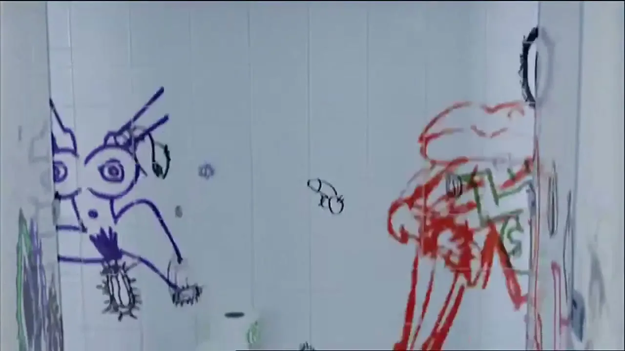 The camera pans down a white tiled wall covered in crude, animated graffiti of genitalia and body parts, revealing a toilet in a public restroom.