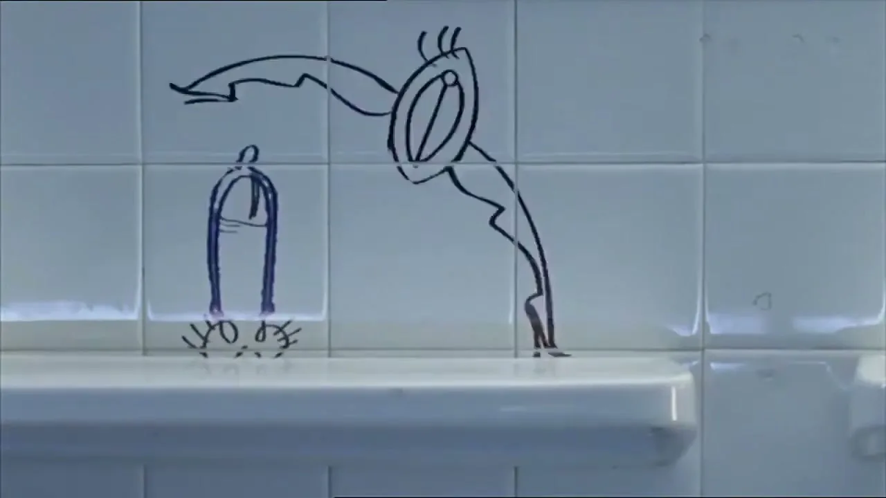 A cartoon penis and vagina are drawn on white bathroom tiles, then they dance and interact with each other.