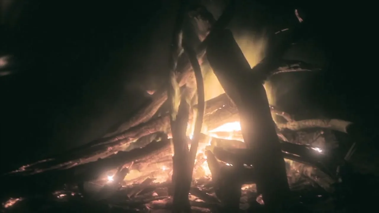 A large bonfire burns brightly in the dark, with flames and smoke rising from the stacked logs.