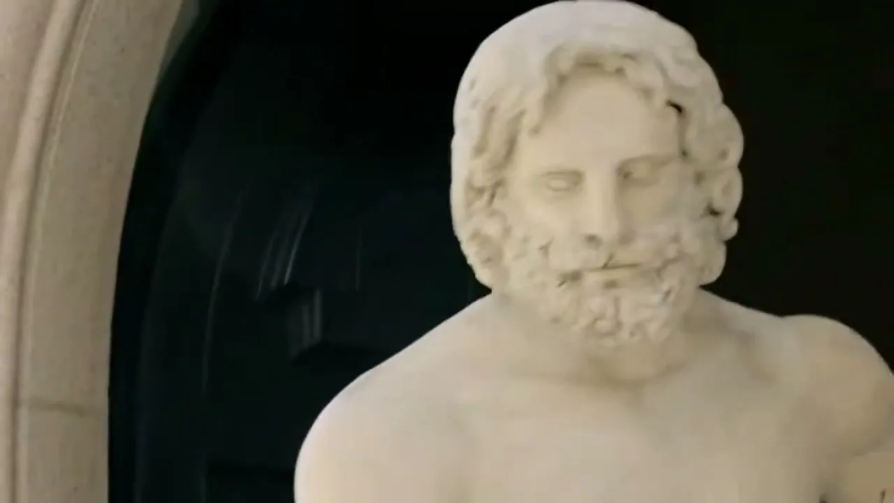 A white marble statue of a bearded man with long hair is shown from the chest up, with a dark doorway in the background.