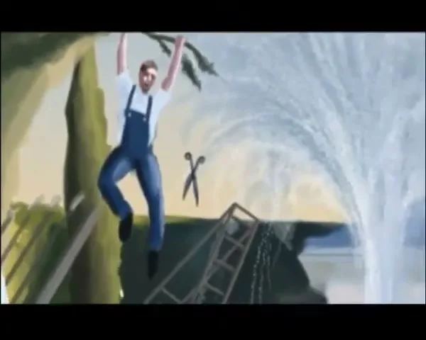 Marilyn Monroe smiles and waves, then the camera pans to reveal a chaotic scene with a gardener hanging, a broken statue, and a Cadillac.